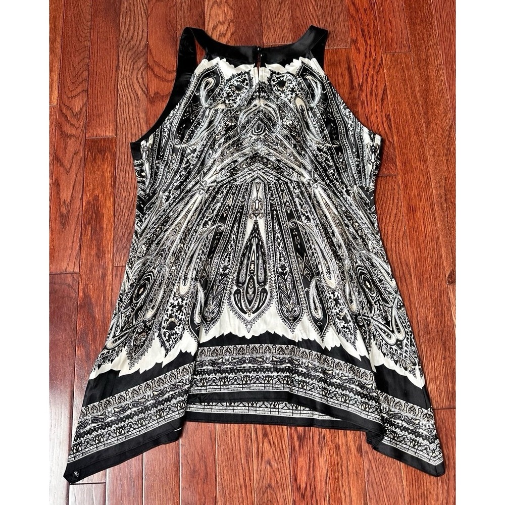 Cache Silk Black White Unique Pattern Beaded Embellished Asymmetrical Satin Top - Picture 6 of 12